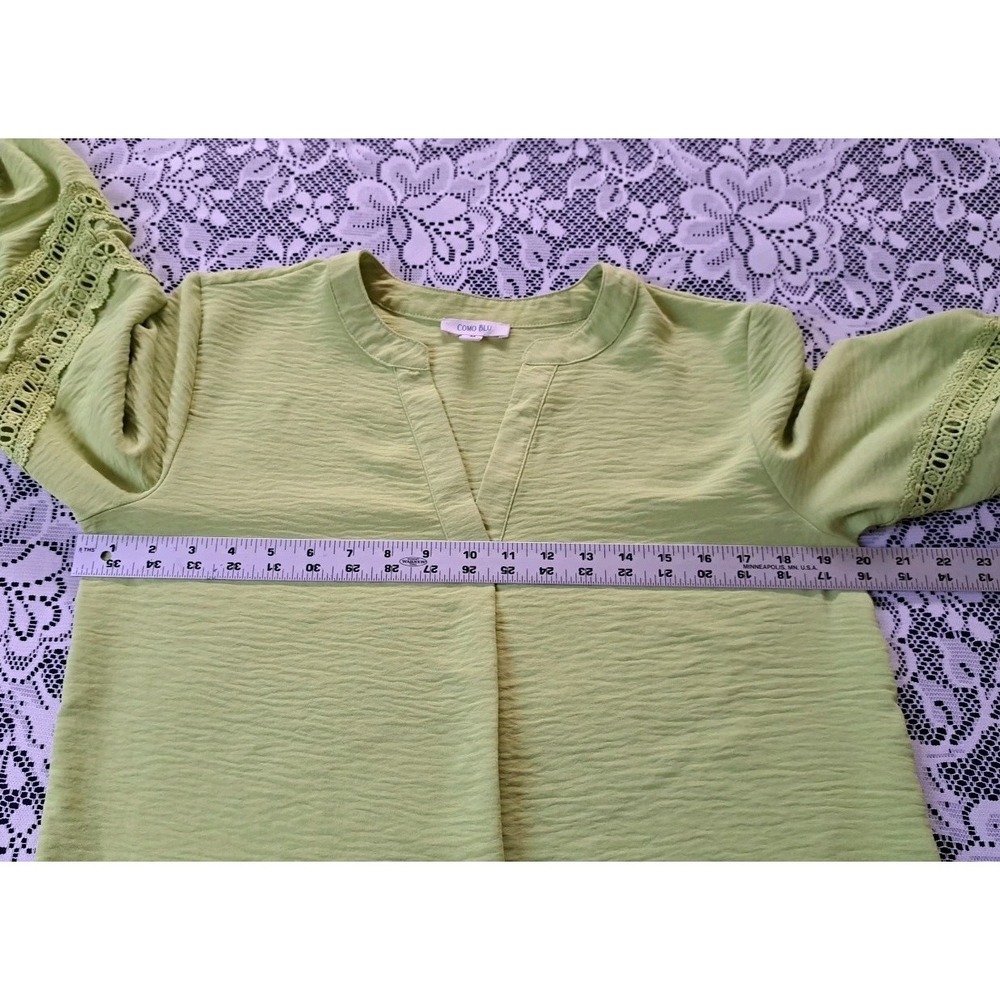 Como Blu Top M Lime Green Peasant Blouse Puff Sleeve Crochet Trim Polyester Boho - Picture 6 of 10